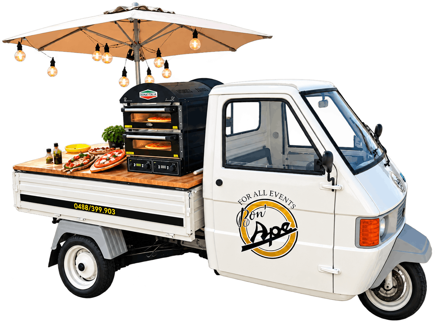 Ape Pizza Traiteur sous Parasol Lumineux