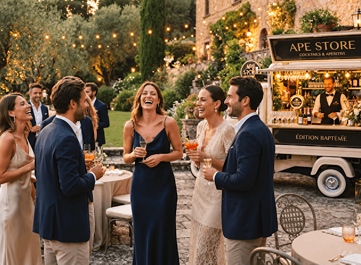 Soirée cocktails dans un jardin toscan
