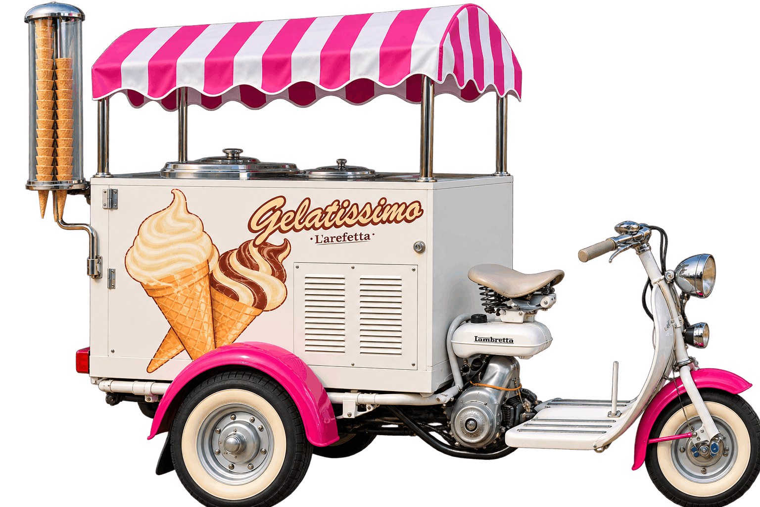 Tricycle à glaces rétro rose et crème